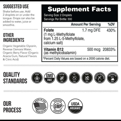 L-Methylfolate + Methyl B12 Drops - Organic Berry Flavor